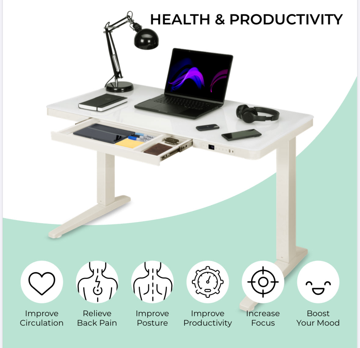 E-Max Electric Height Adjustable Desk White (Glass Top) – Purus Life Standing Desks BlissVeranda