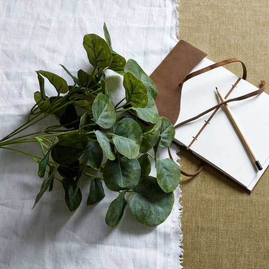 Bouquet of green leaves next to a notebook and pen on a textured surface