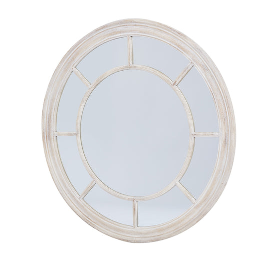 Round mirror with a decorative white frame on a white background