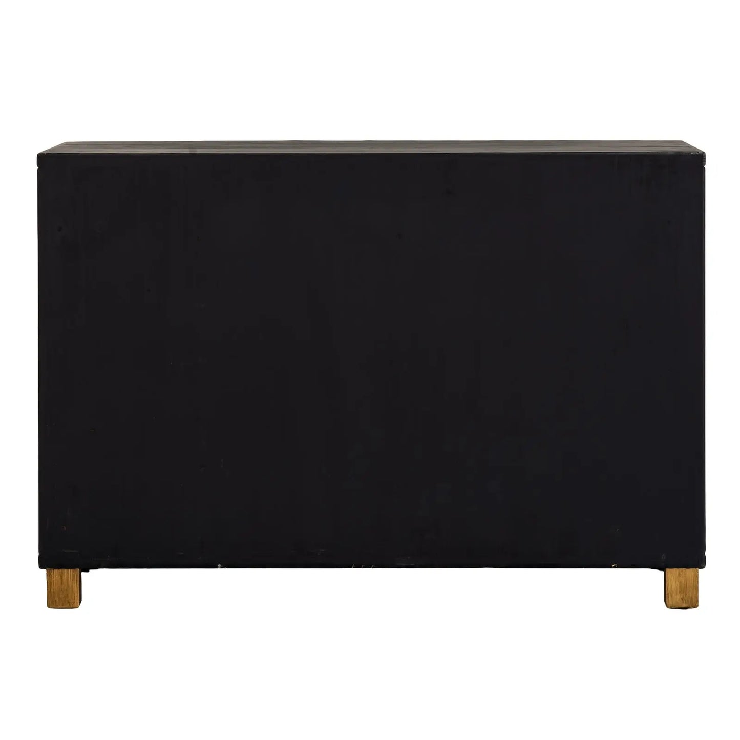 Black rectangular sideboard with gold legs on a white background