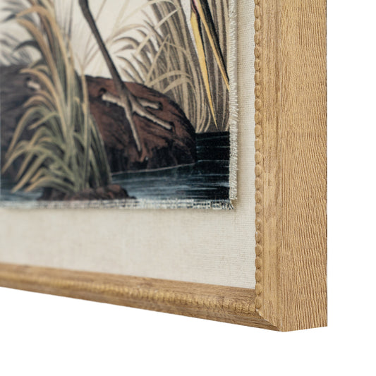 Close-up of a wooden picture frame with a painting inside, featuring natural elements.