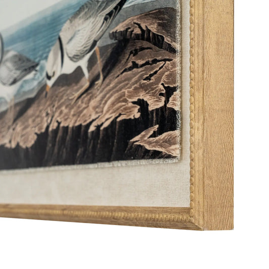 Wooden frame with a detailed nature scene, possibly of birds and mountains.