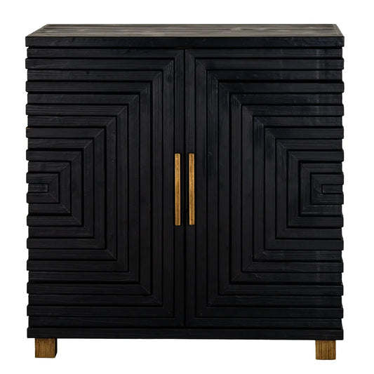 Black cabinet with geometric design and gold handles on a white background