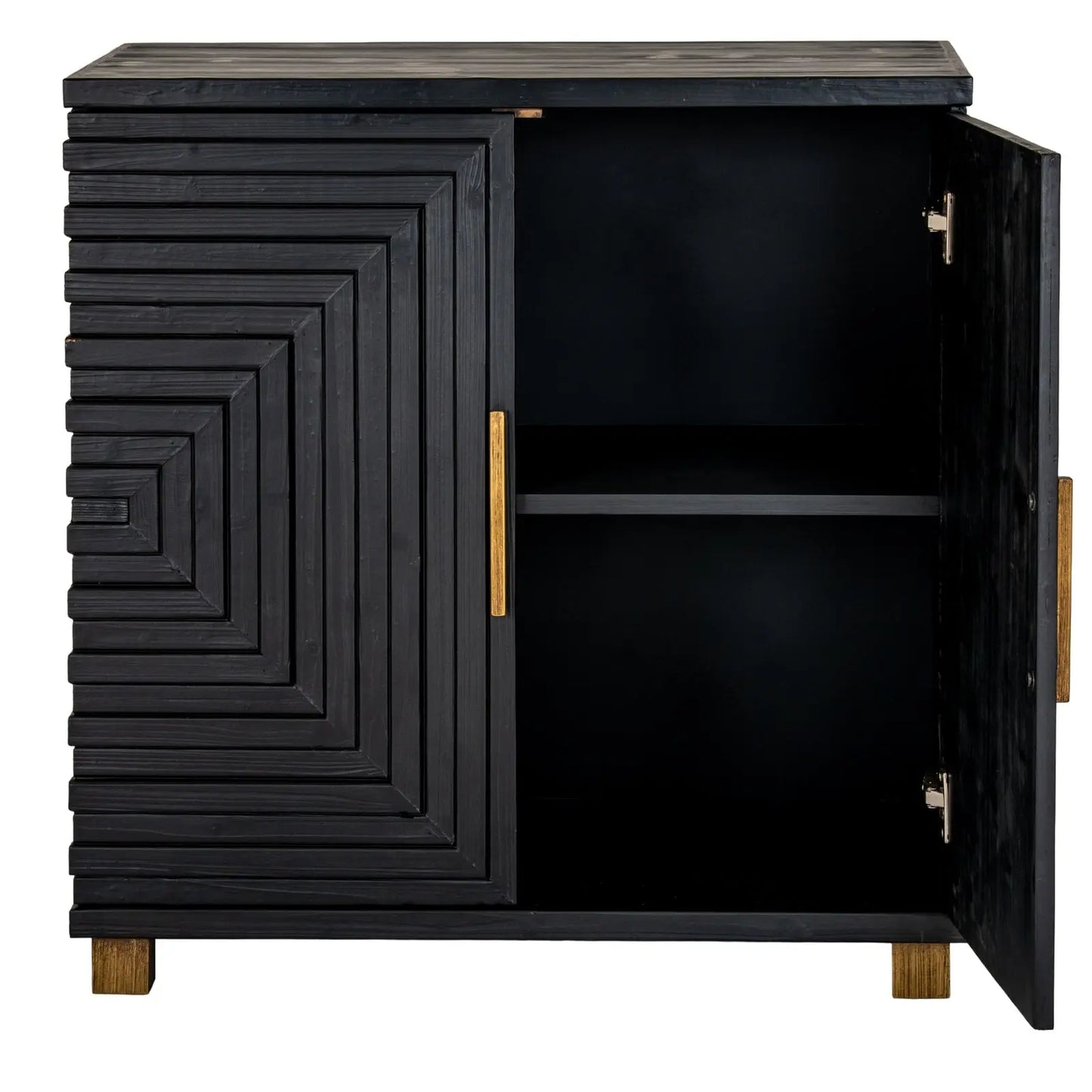 Black cabinet with geometric design and gold accents on a white background