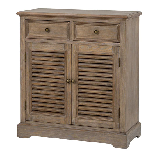 Wooden cabinet with two doors and two drawers on a white background