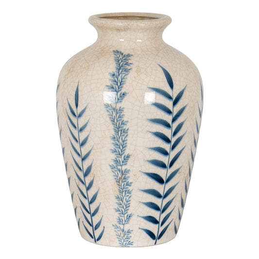 Ceramic vase with blue leaf patterns on a white background