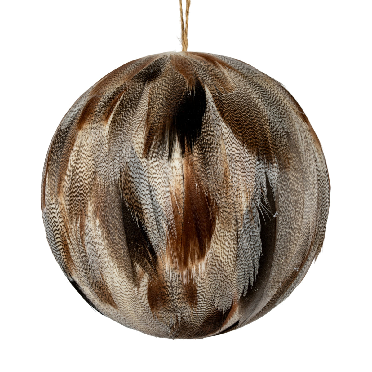 Decorative feather ball ornament on a white background
