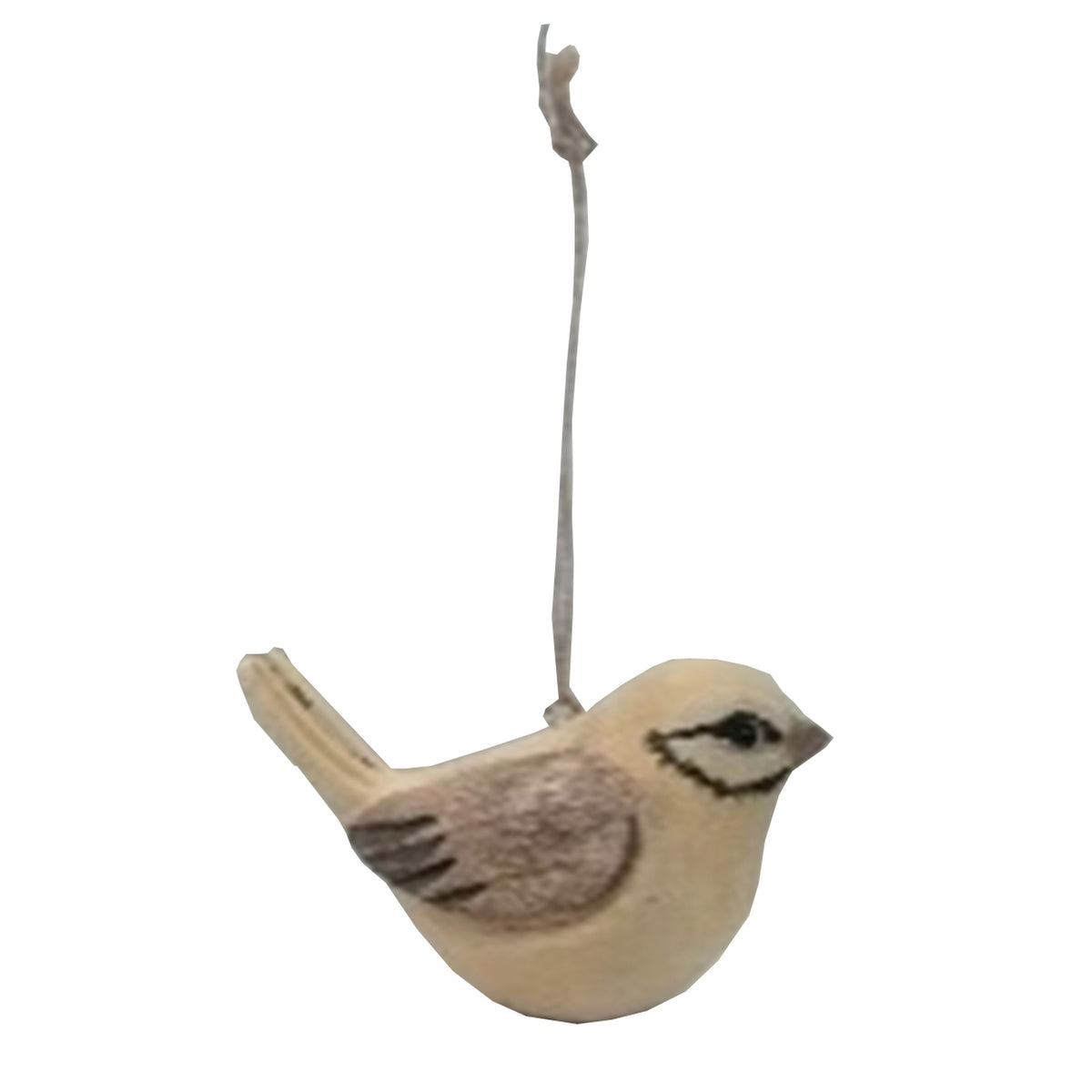 Decorative bird ornament hanging on a white background