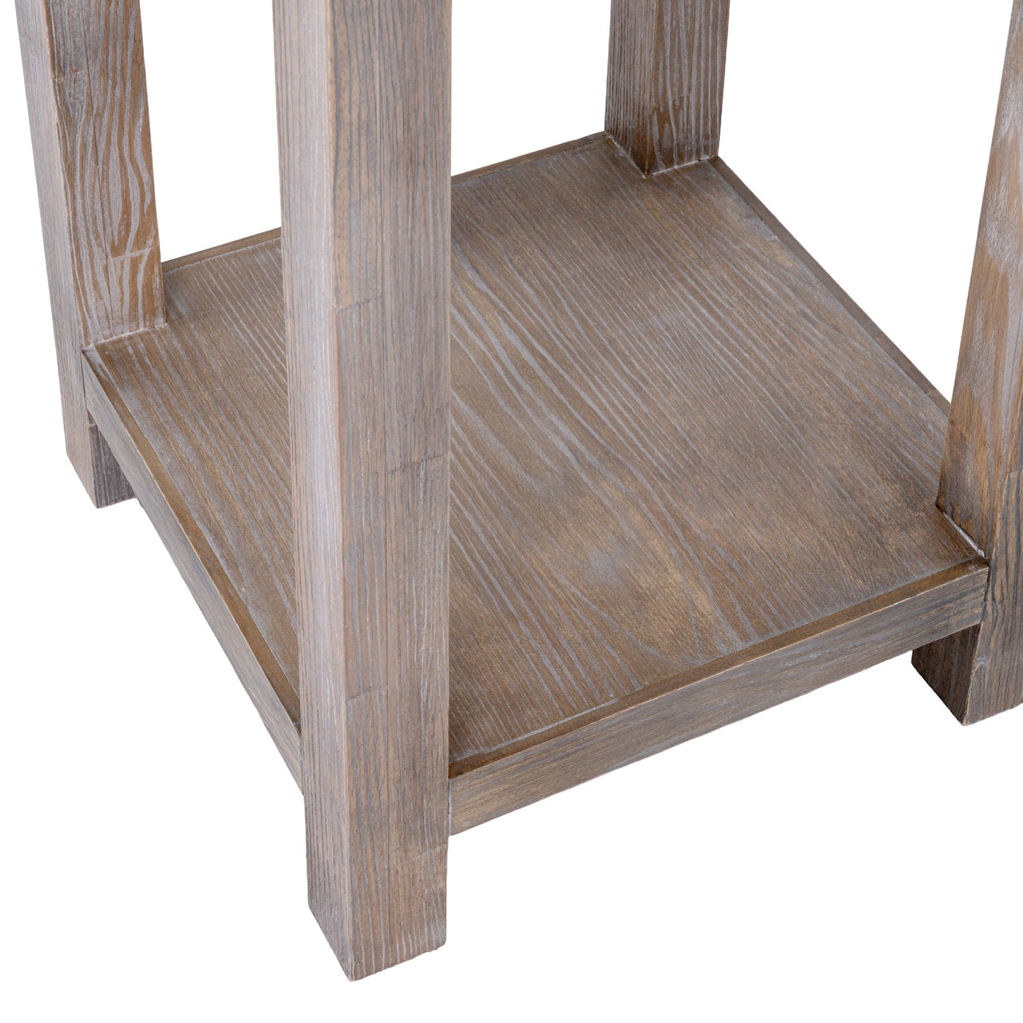 Wooden side table with a rustic finish on a white background