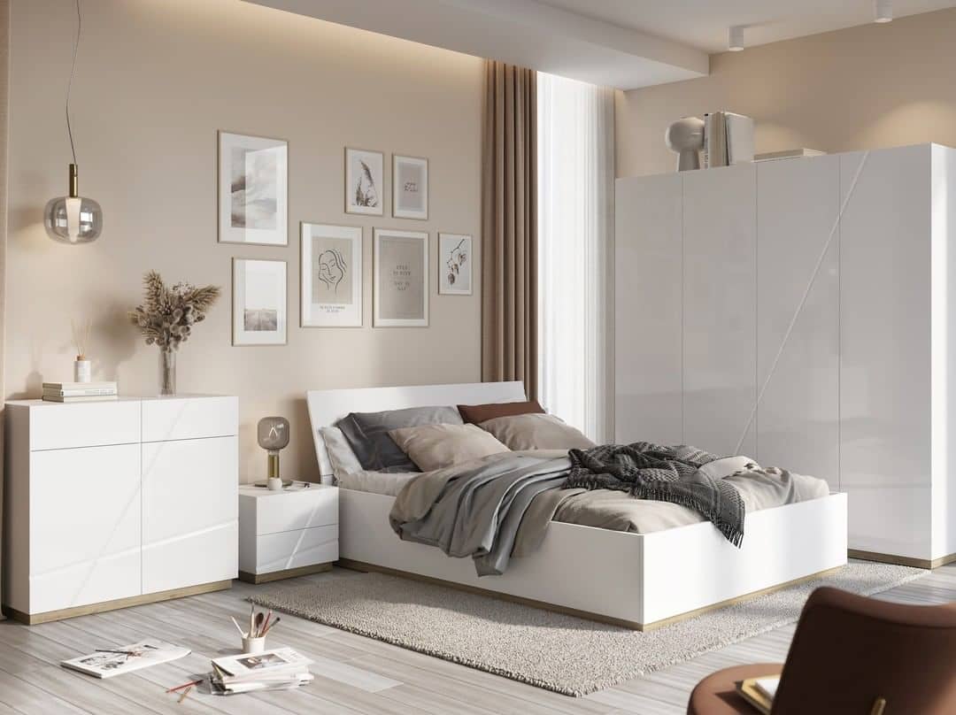 Modern bedroom with a bed, side tables, and wall art.