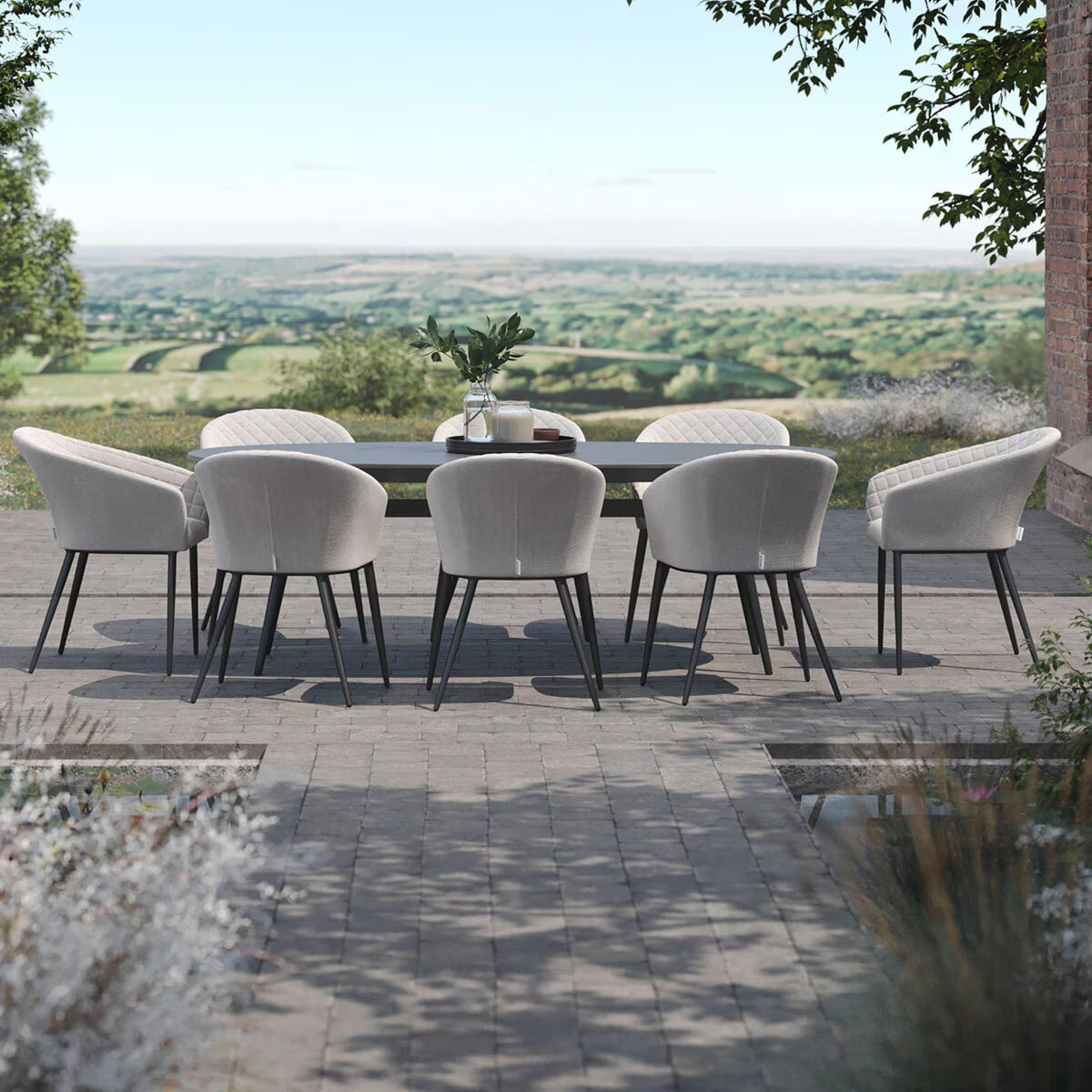 Maze Ambition 9 Piece Oval Dining Patio Set + Cover (In Oatmeal)