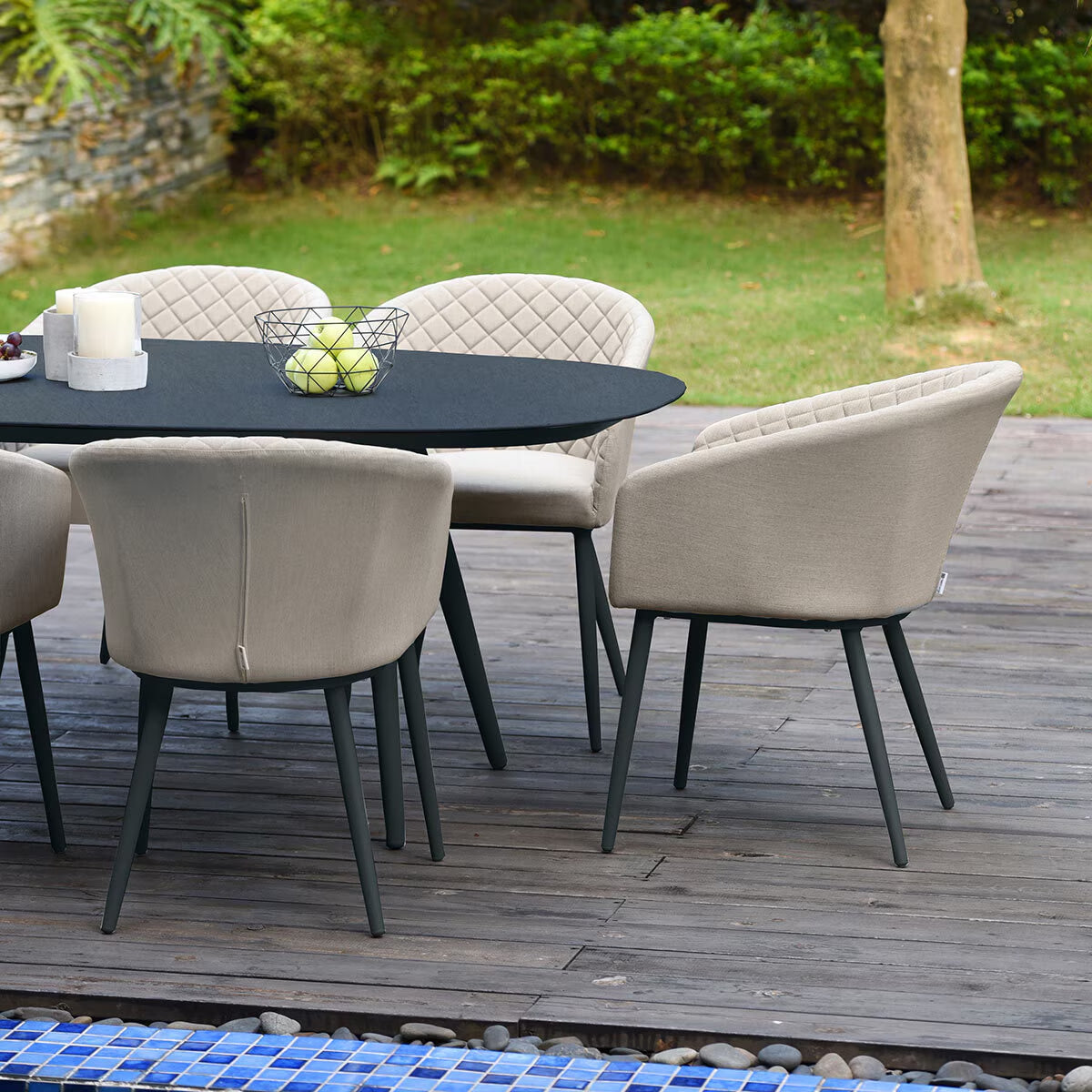Maze Ambition 9 Piece Oval Dining Patio Set + Cover (In Oatmeal)