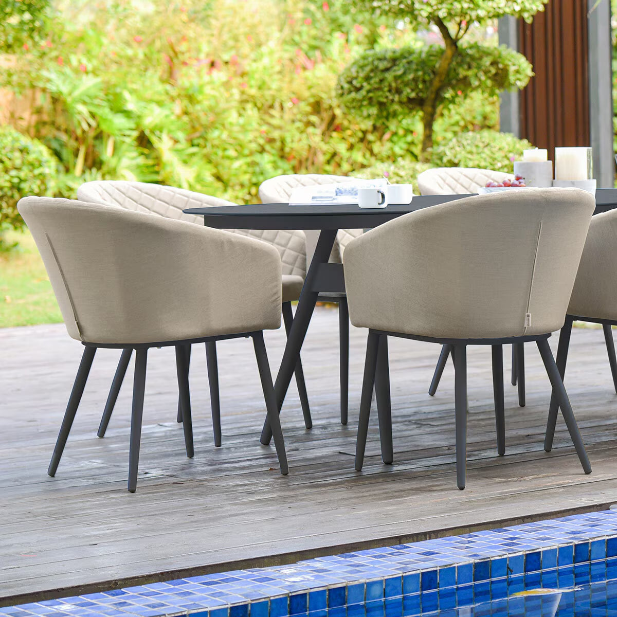 Maze Ambition 9 Piece Oval Dining Patio Set + Cover (In Oatmeal)