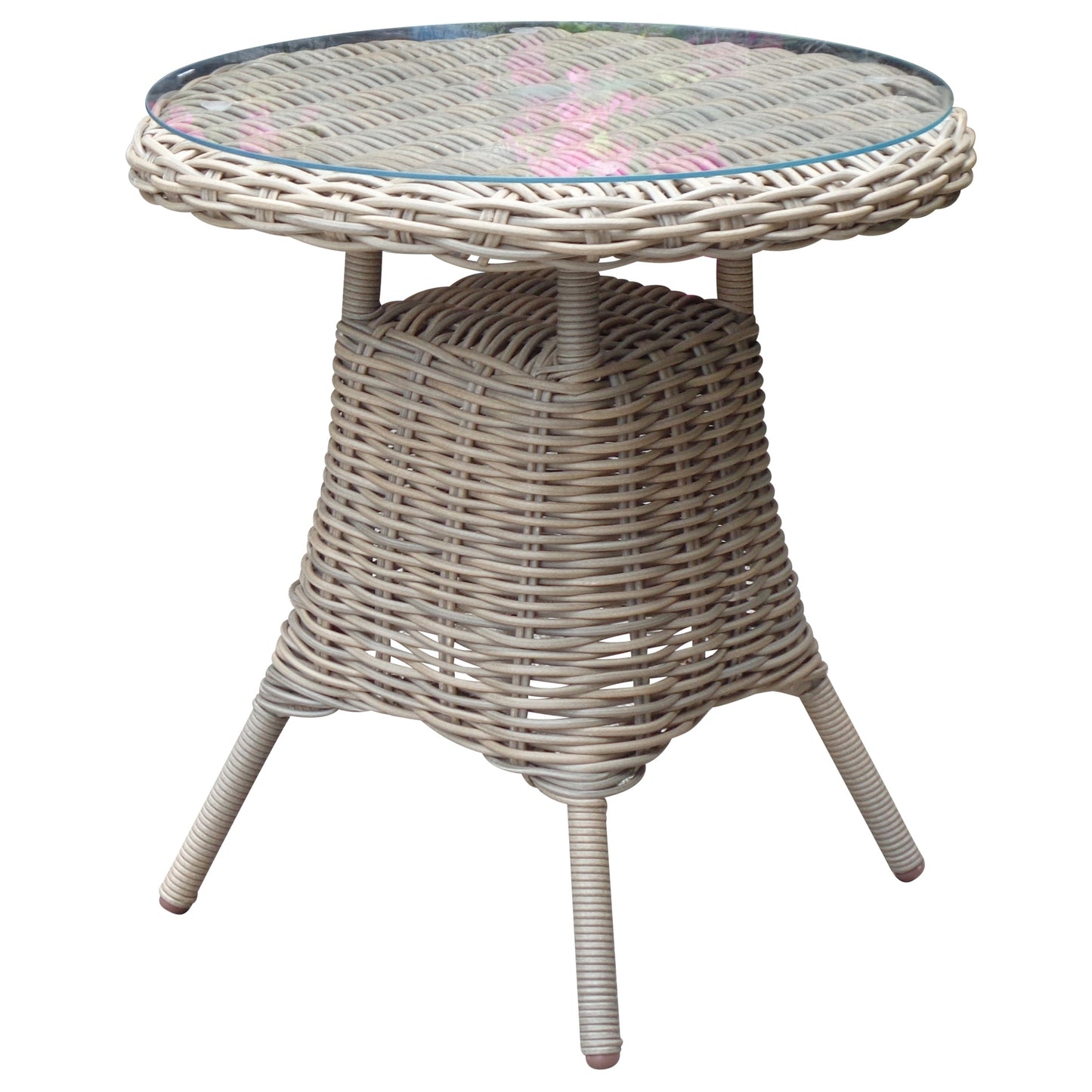 Round wicker table with a glass top on a white background