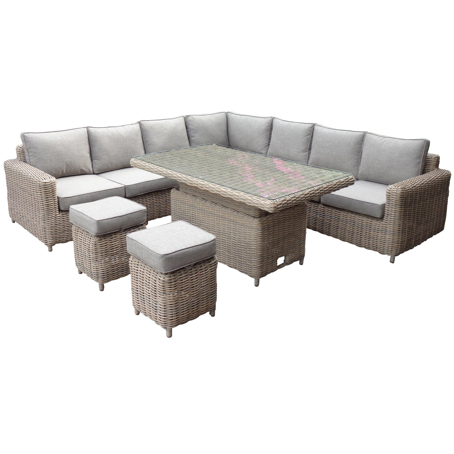 Outdoor furniture set with a sectional sofa and table on a white background