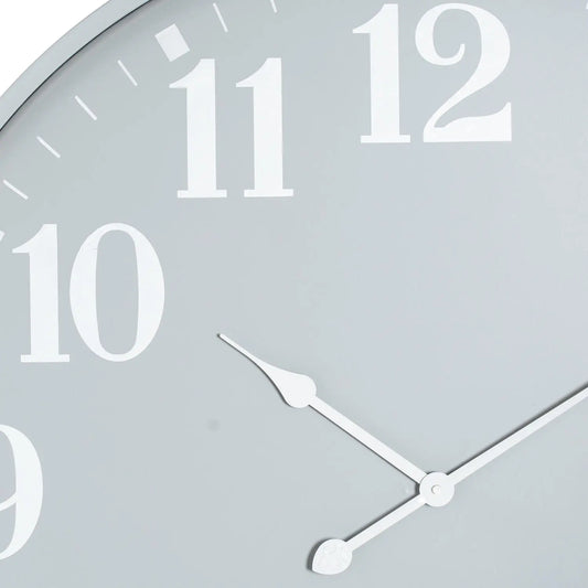 Close-up of a wall clock with a gray background