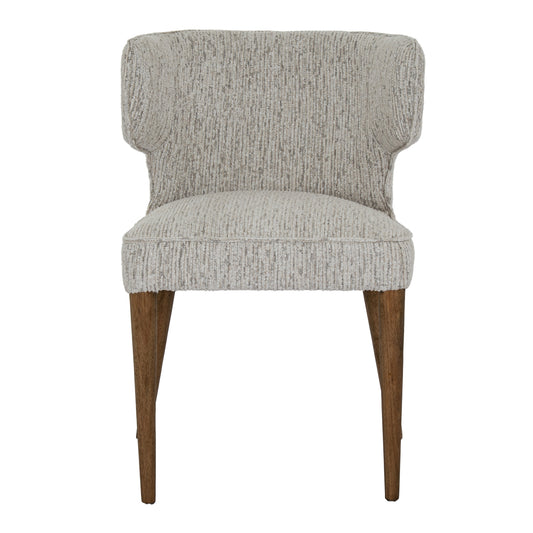 Gray upholstered chair with wooden legs on a white background