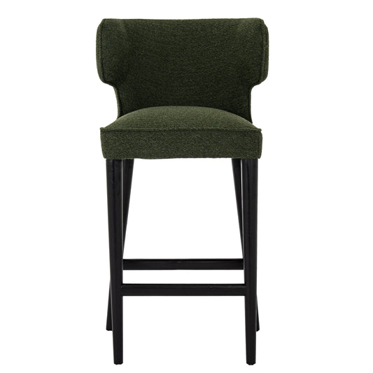 Green bar stool with black legs on a white background