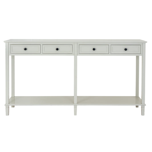 White console table with four drawers on a white background