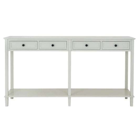 White console table with four drawers on a white background