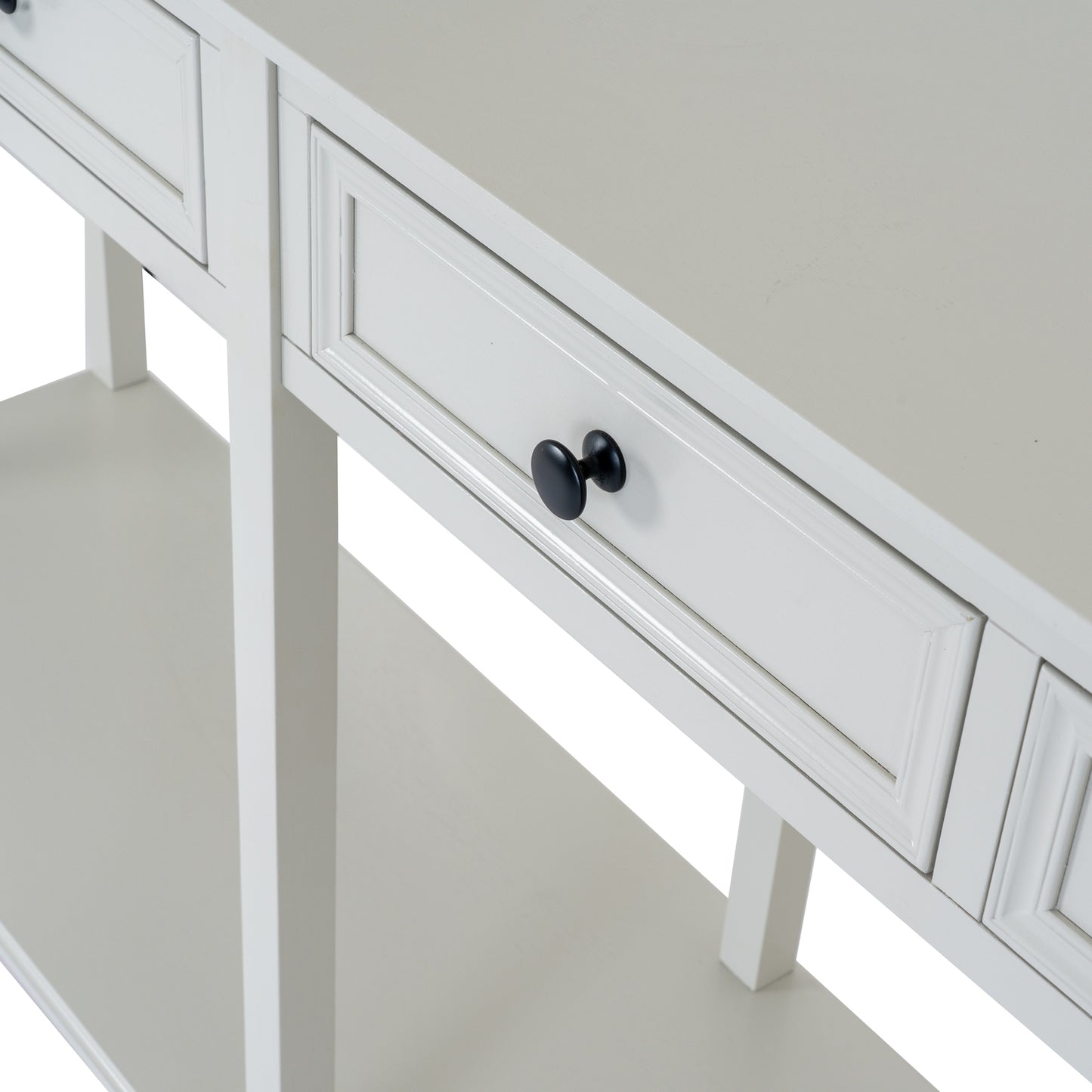 White console table with a drawer and black handle on a light gray background