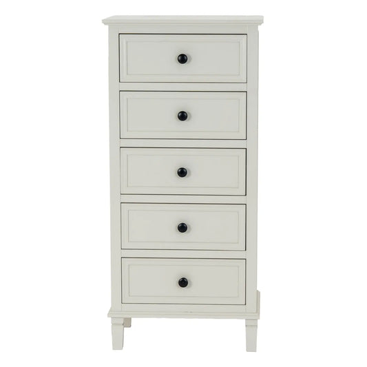 White dresser with four drawers and black knobs on a white background