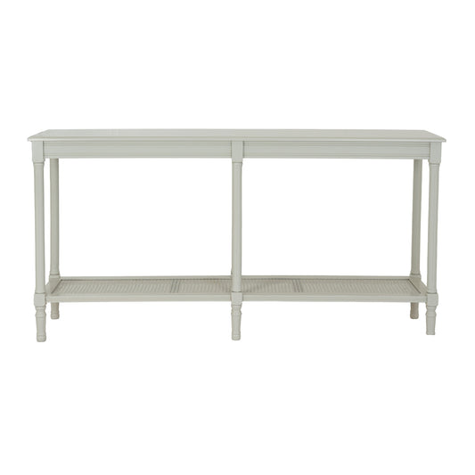 Light gray console table with a shelf on a white background