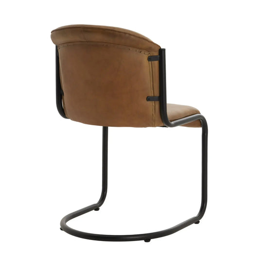 Brown leather chair with black metal frame on a white background