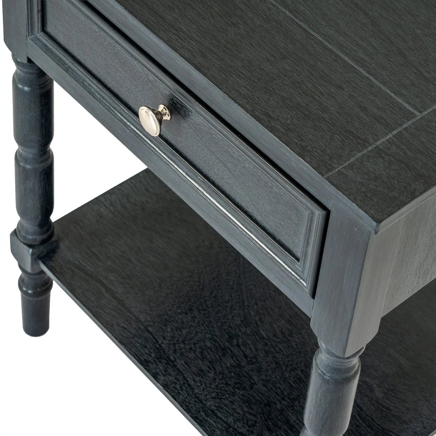 Dark wood side table with a drawer and shelf