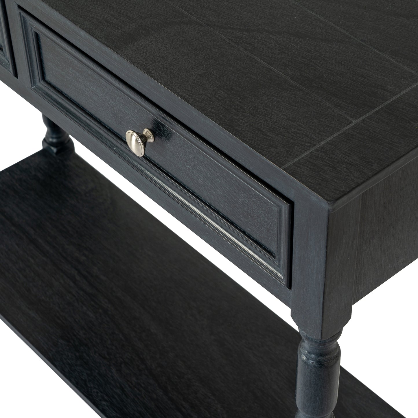 Black wooden console table with a drawer and shelf.