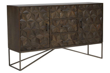 Dark wooden sideboard with geometric patterns and metal legs on a white background