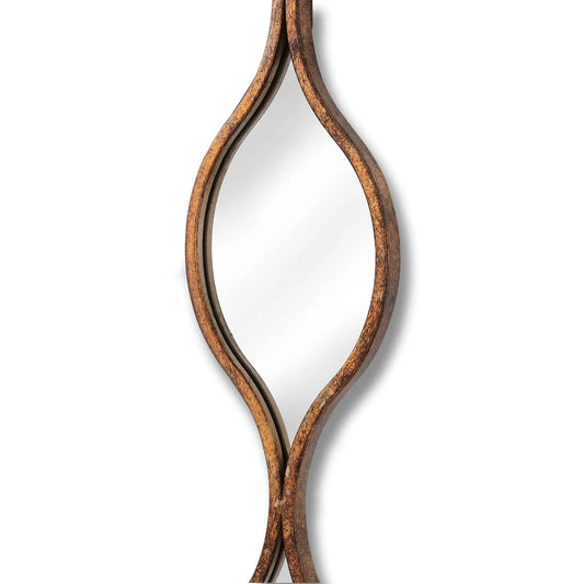 Decorative wall mirror with wavy brown frame on a white background