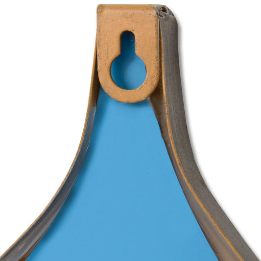 Close-up of a blue leather strap with a brown buckle on a white background