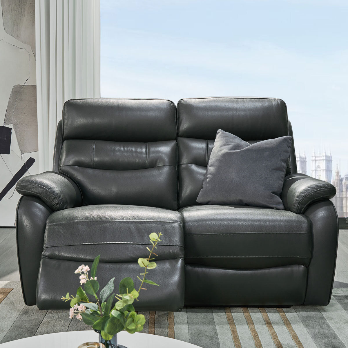 Luxury modern Fletcher Dark Grey Leather Power Reclining 2 Seater Sofa with Power Headrest