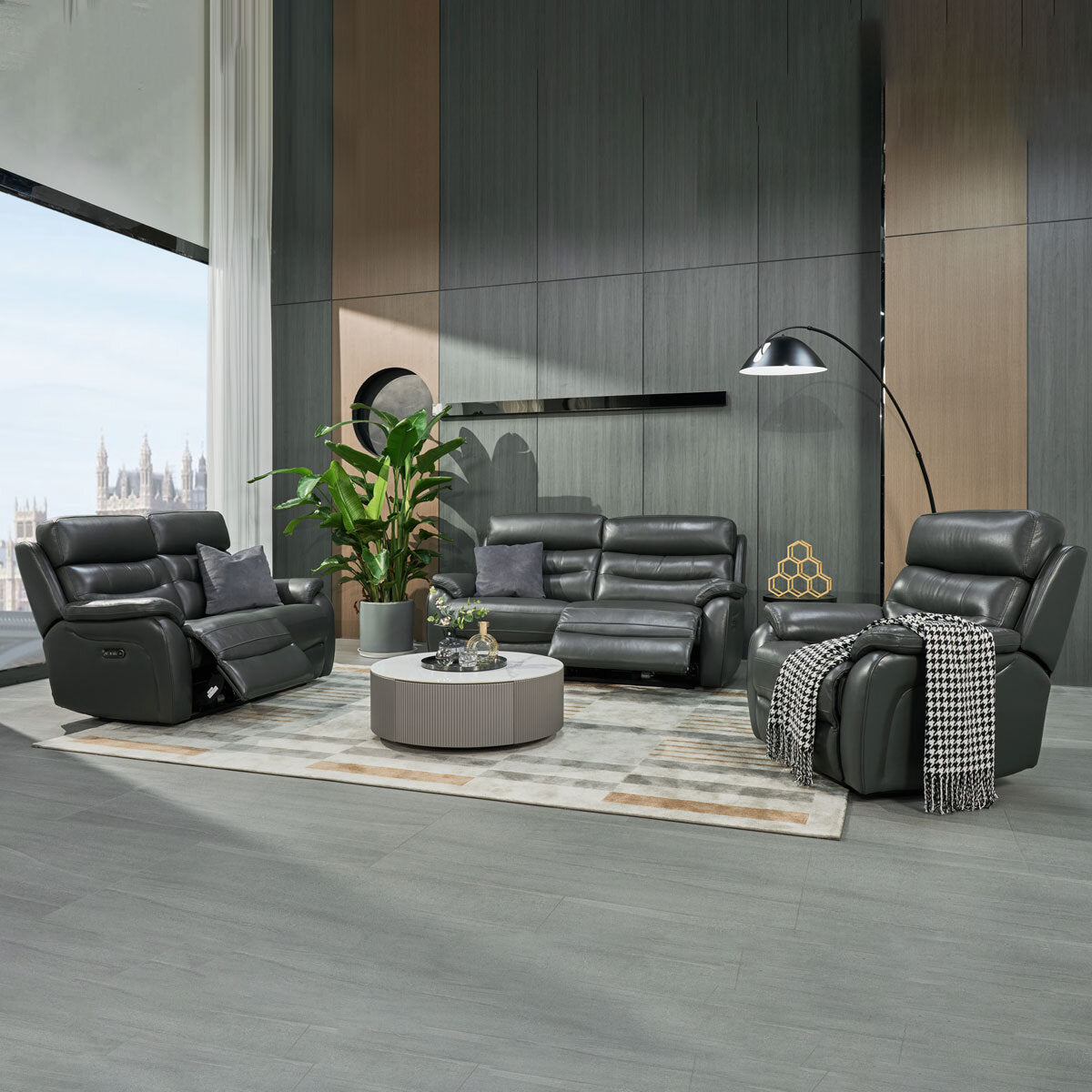 Luxury modern Fletcher Dark Grey Leather Power Reclining 2 Seater Sofa with Power Headrest