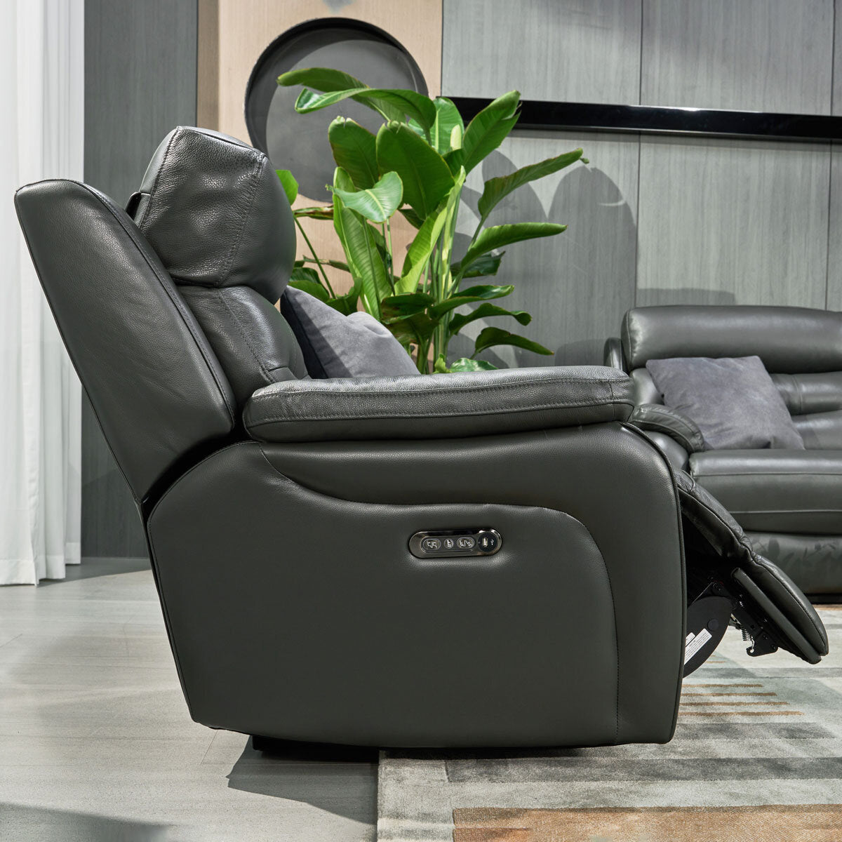 Luxury modern Fletcher Dark Grey Leather Power Reclining 2 Seater Sofa with Power Headrest