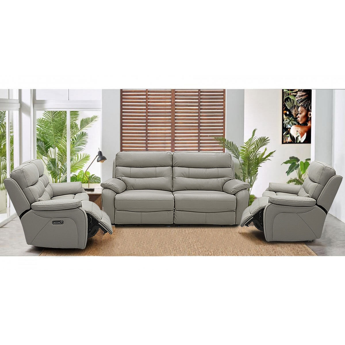 Luxury designer Fletcher Light Grey Leather Power Reclining 2 Seater Sofa with Power Headrest