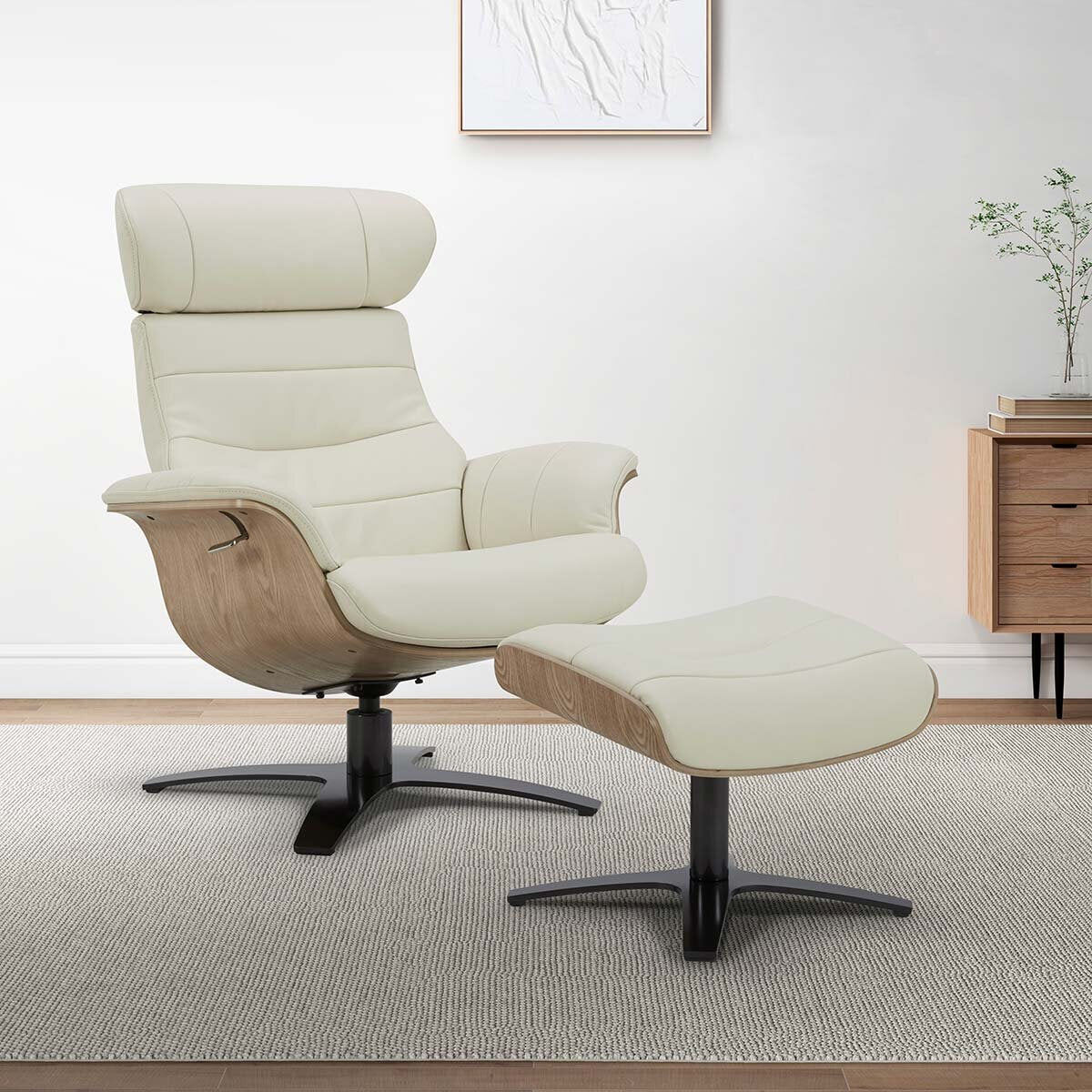 Modern Luxury Gilman Creek Karma Cream Top Grain Leather Swivel Chair with Ottoman