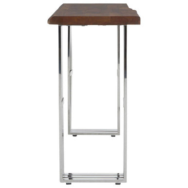 Wooden table with metal legs on a white background