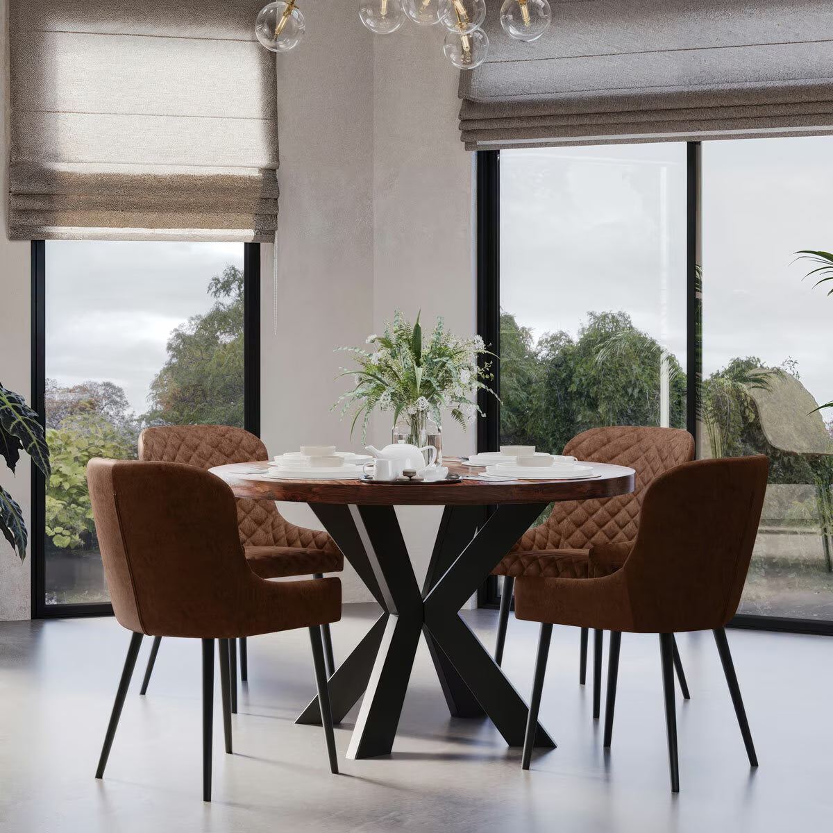 Modern Indus Valley Henley round Wooden Dining Table + 4 Brown Chairs