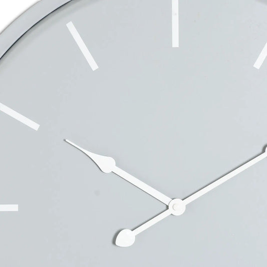 Close-up of a clock face with white hands on a light gray background