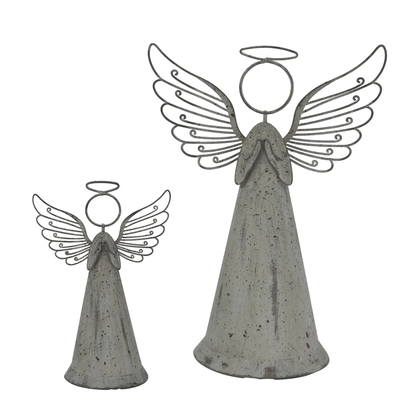 Two concrete angel statues with wings and halos on a white background