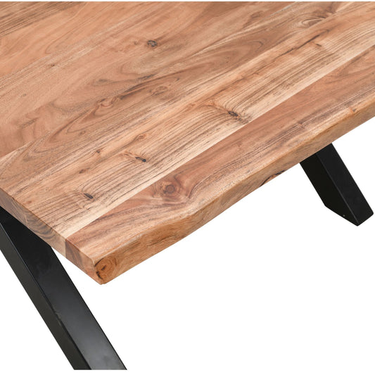 Wooden table with black metal legs on a white background