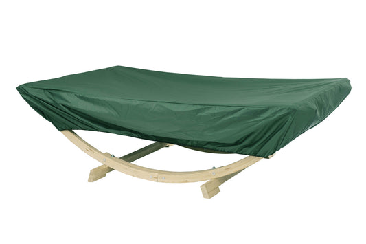 Green hammock cover on a wooden hammock against a white background