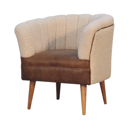 Luxury designer Bouclé Handwoven Upholstered Armchair with Buffalo Hide Seat & Solid Oak Finish Legs