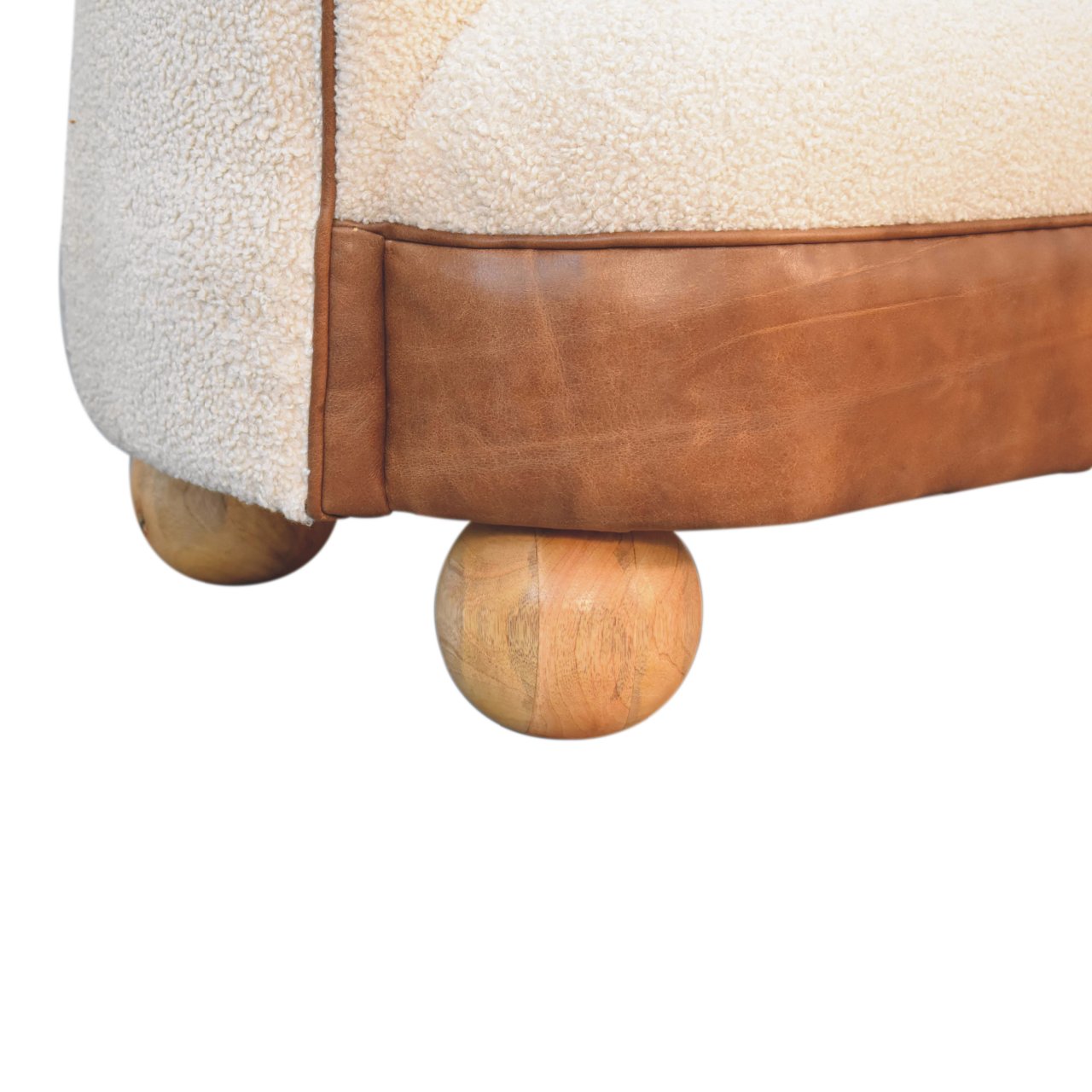 Luxury designer Bouclé Handwoven Upholstered Sofa with Buffalo Hide Seat & Solid Oak Finish Legs
