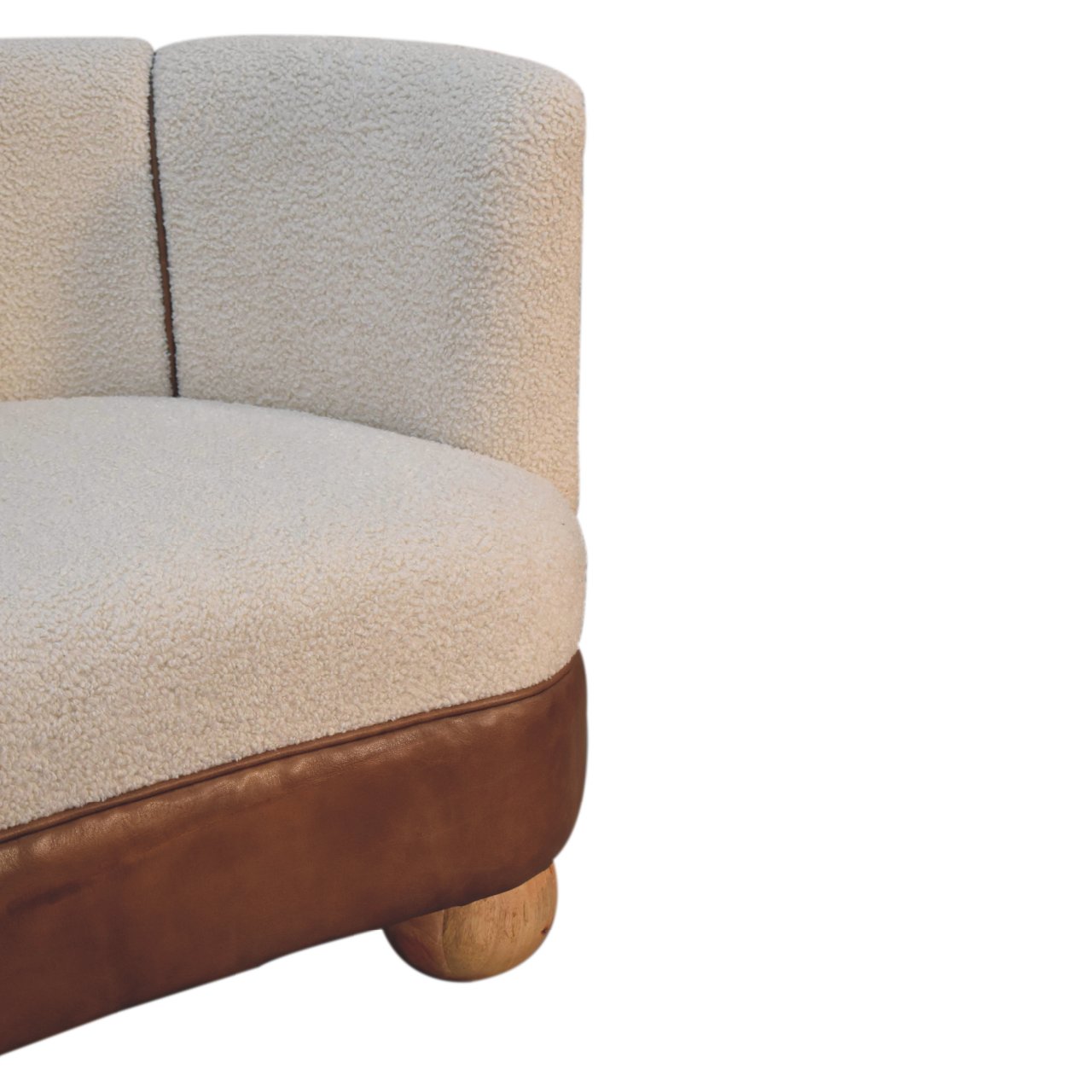 Luxury designer Bouclé Handwoven Upholstered Sofa with Buffalo Hide Seat & Solid Oak Finish Legs