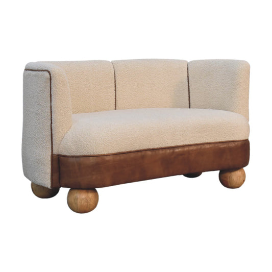 Luxury designer Bouclé Handwoven Upholstered Sofa with Buffalo Hide Seat & Solid Oak Finish Legs