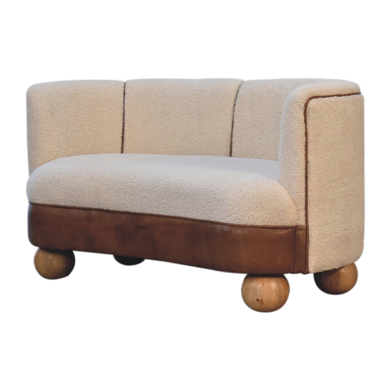 Luxury designer Bouclé Handwoven Upholstered Sofa with Buffalo Hide Seat & Solid Oak Finish Legs