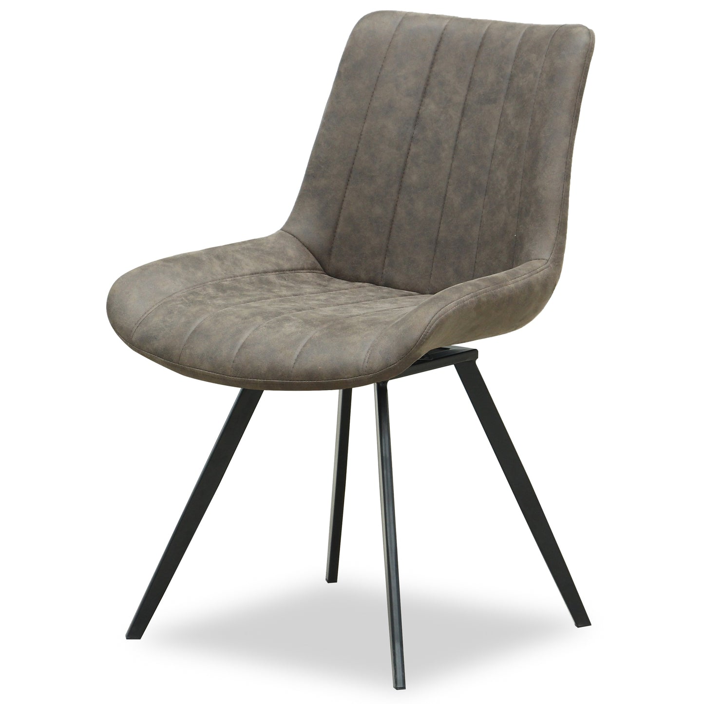 Brown upholstered chair with black metal legs on a white background
